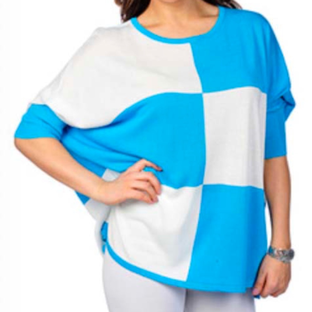 TOP, TURQUOISE/WHITE, ONE SIZE, ¾ SLEEVES, LOOSE FIT, ORANGE BY FASHION VILLAGE,
